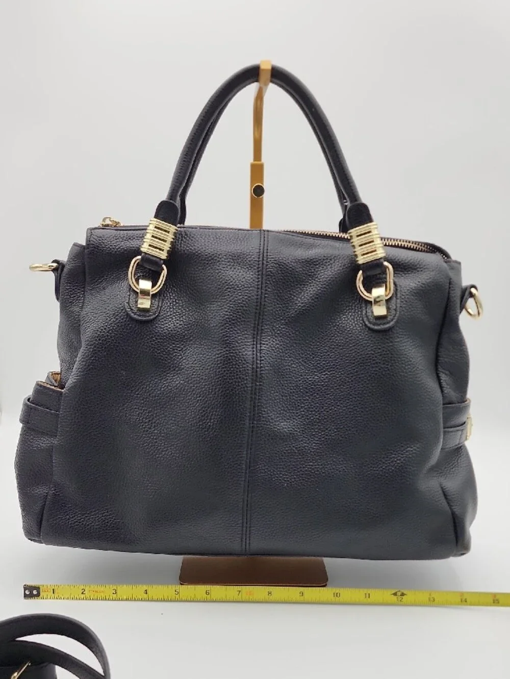 Paste Black Leather Structured Tote Bag with Gold Hardware